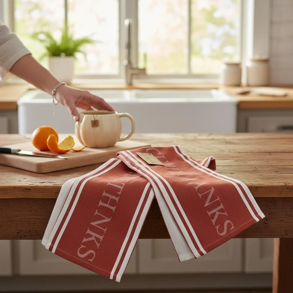 Le Marche Tea Towel Unisex OS Red Brand New Give Thanks Striped Cotton Fall